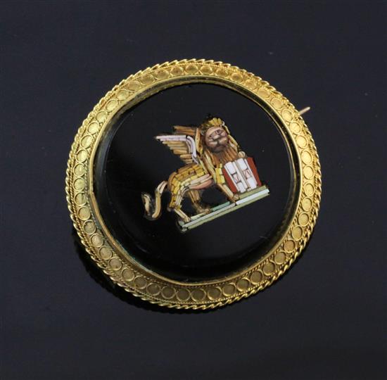 A late Victorian gold and micro mosaic circular brooch, 1.25in.